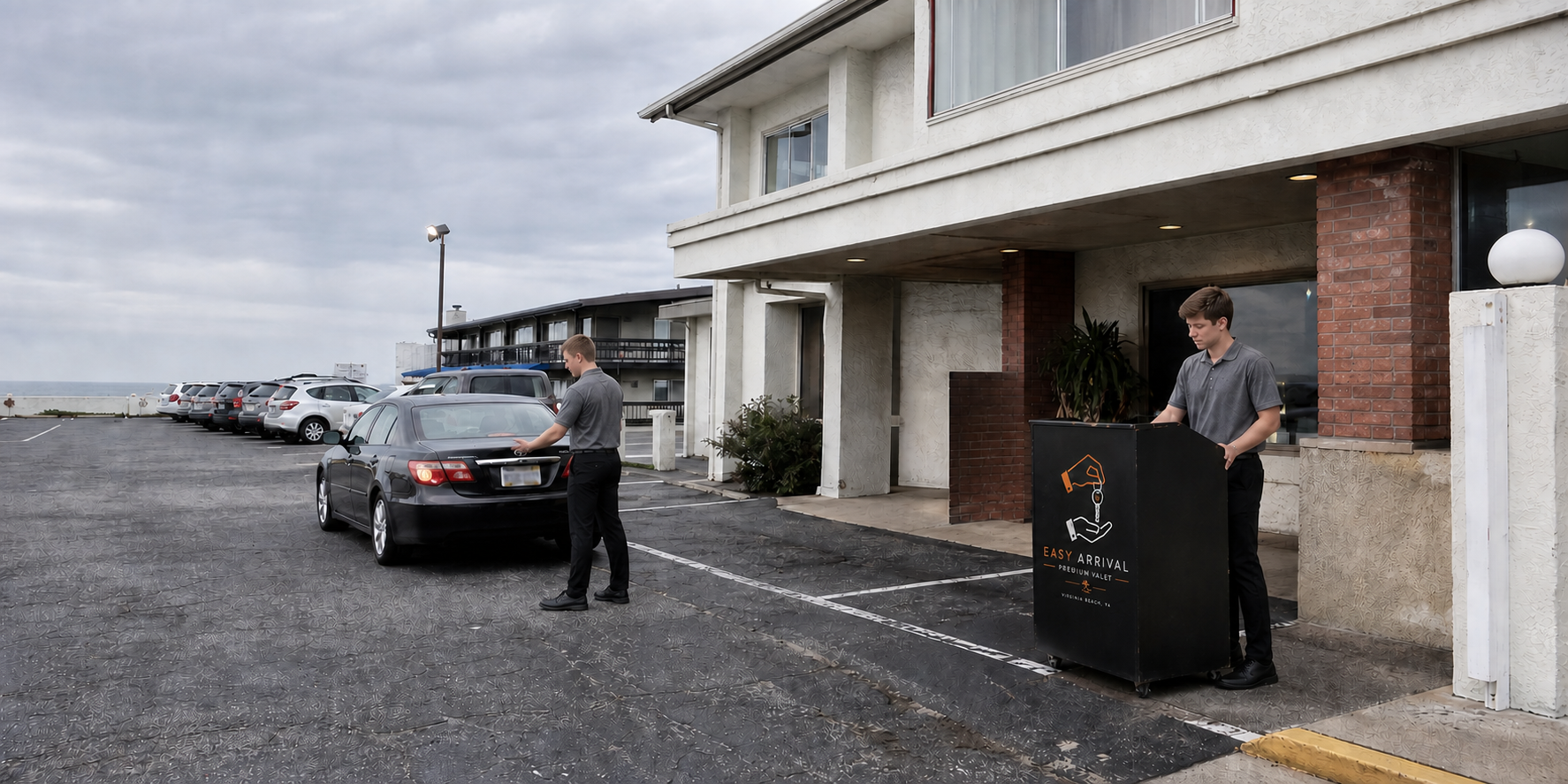 Valet attendants working in an asphalt lot at an older Virginia Beach oceanfront building