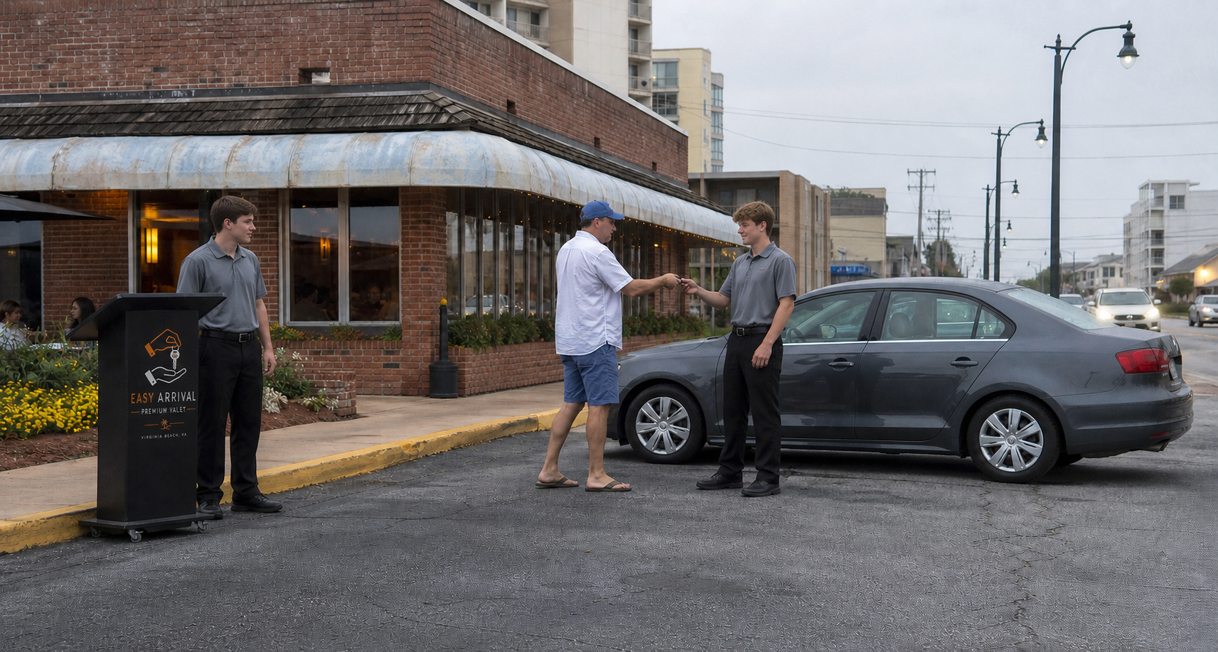 Valet attendants outside an older Virginia Beach restaurant beside an asphalt lot