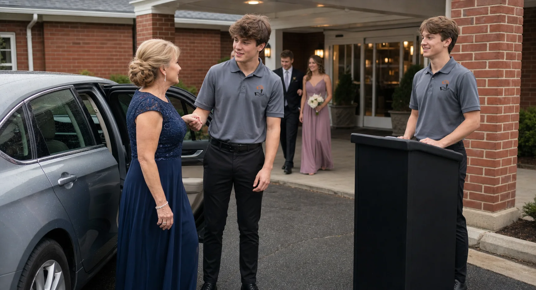 Easy Arrival attendant assisting a wedding guest at drop-off